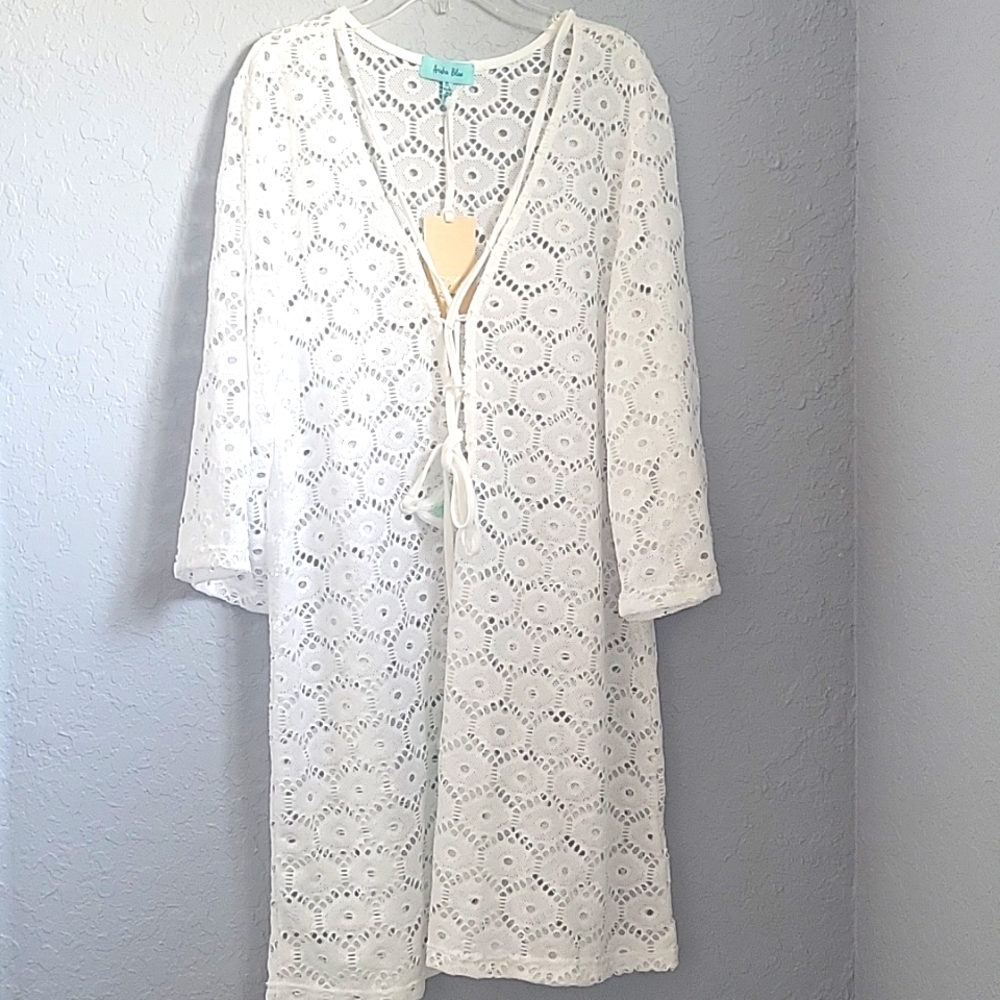 NWT ARUBA BLUE white knit swimwear cover up